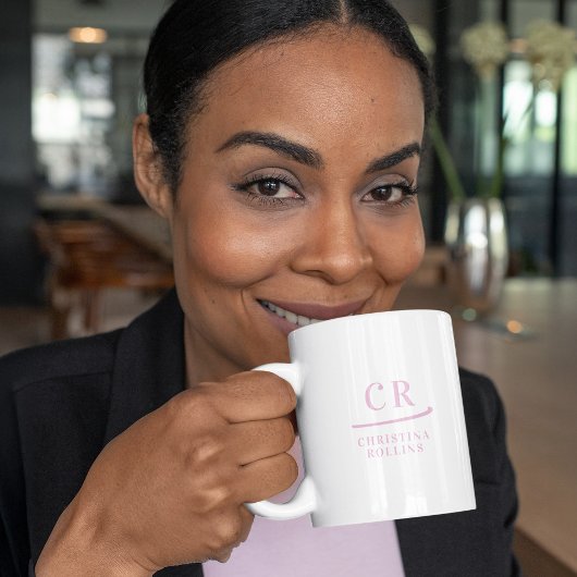 Mug Monogramme personnalisé Élégant minimal rose et bl