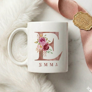 Mug Monogramme personnalisé en lettre E florale or ros
