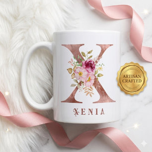 Mug Monogramme personnalisé en lettre X floral or rose
