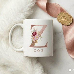Mug Monogramme personnalisé en lettre Z floral or rose