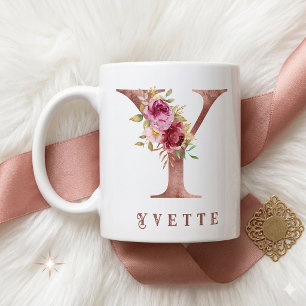 Mug Monogramme personnalisé en or rose avec lettre flo