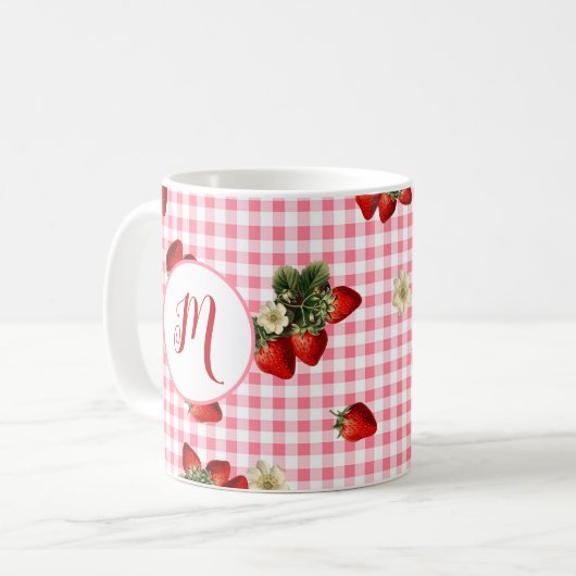Mug Monogramme personnalisé En vichy fraise rouge rust (Devant gauche)