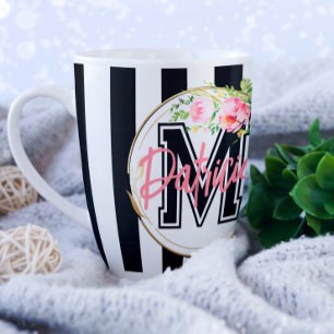 Mug Monogramme personnalisé floral rose rayé noir et b