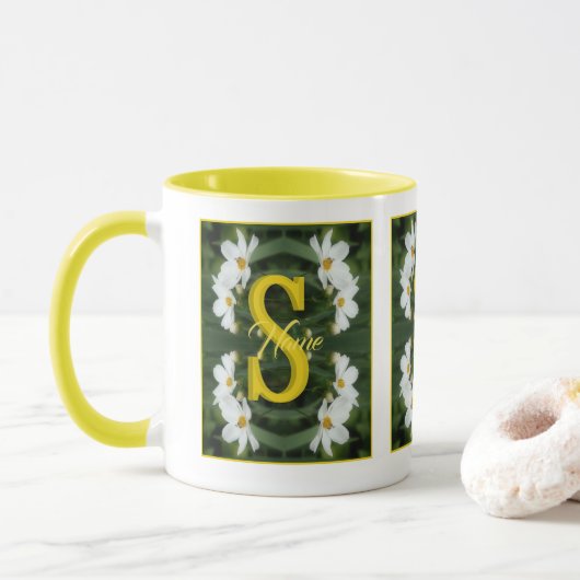 Mug Monogramme personnalisé initial nom Art Daisy blan (Avec donut)