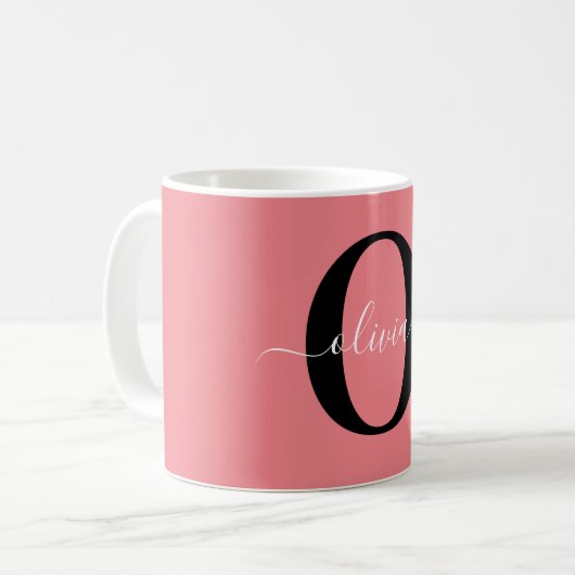 Mug Monogramme personnalisé Nom de script noir blanc r (Devant gauche)