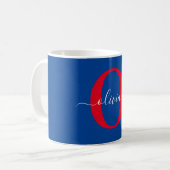 Mug Monogramme personnalisé Nom du script Bleu Blanc R (Devant gauche)