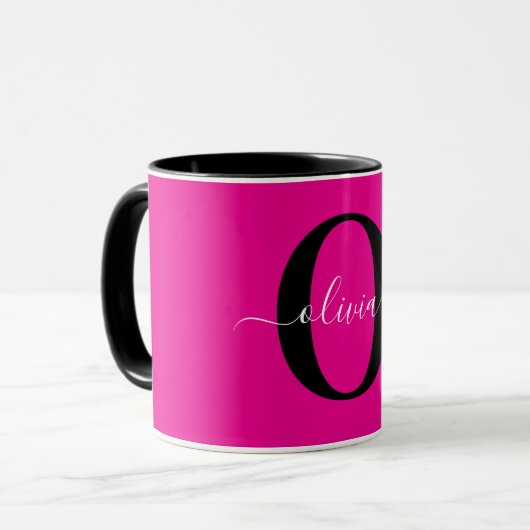 Mug Monogramme personnalisé Nom du script rose noir bl (Devant gauche)