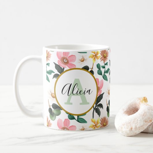 Mug Monogramme personnalisé Pastel Ressort motif flora (Avec donut)