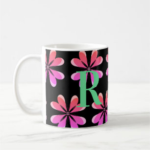 Mug Monogramme personnalisé rétro floral noir rose