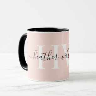 Mug Monogramme personnalisé rose blanc pastel doux lum