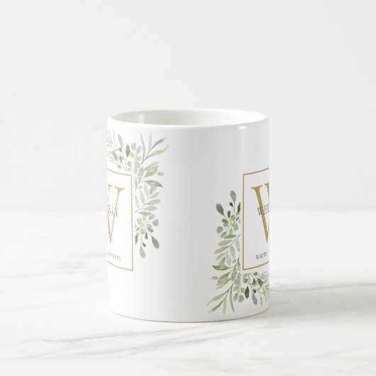 Mug Monogramme personnalisé vert Élégant Or (Centre)