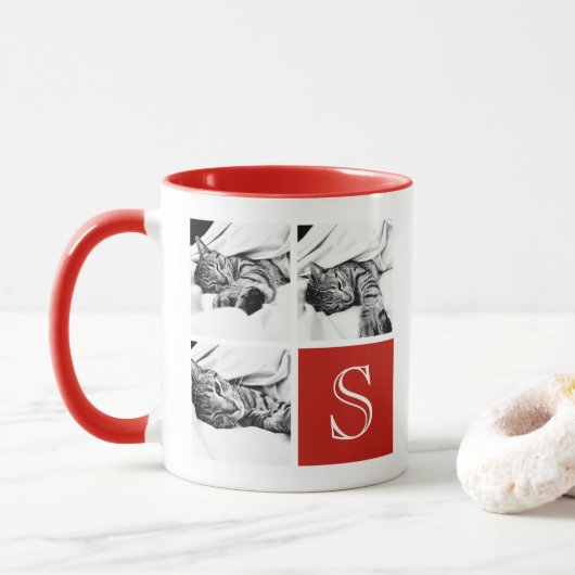 Mug Monogramme photo Collage de photos en rouge et bla (Avec donut)