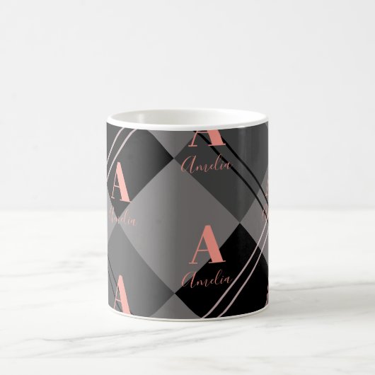 Mug Monogramme Plaid gris rose noir (Centre)