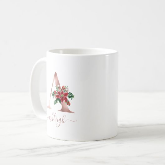 Mug Monogramme Poinsettia en or rose Script (Devant gauche)