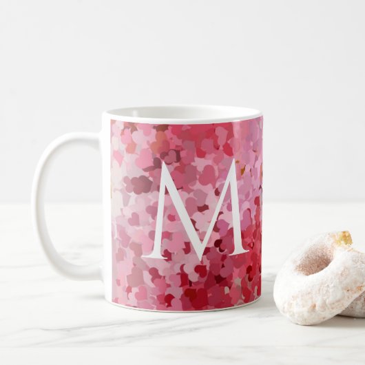 Mug Monogramme Premier Modèle rose rouge violet Coeurs (Avec donut)