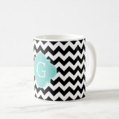 Mug Monogramme Quatrefoil blanc noir Chevron Aqua (Devant droit)