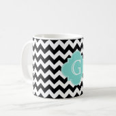 Mug Monogramme Quatrefoil blanc noir Chevron Aqua (Devant gauche)