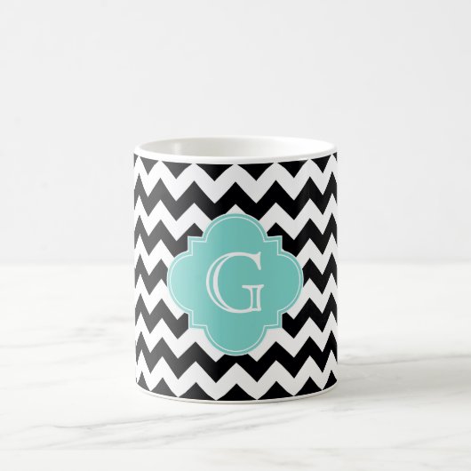 Mug Monogramme Quatrefoil blanc noir Chevron Aqua (Centre)