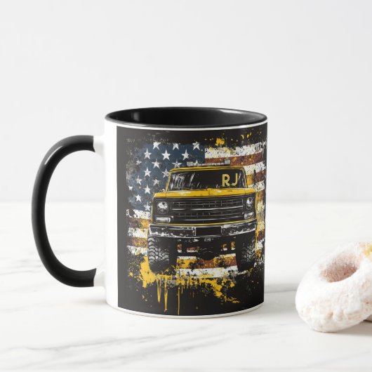 Mug Monogramme Ramasser Camion Drapeau Grunge (Avec donut)
