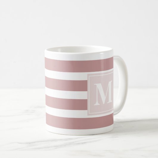 Mug Monogramme rayé rose et blanc moderne (Devant droit)