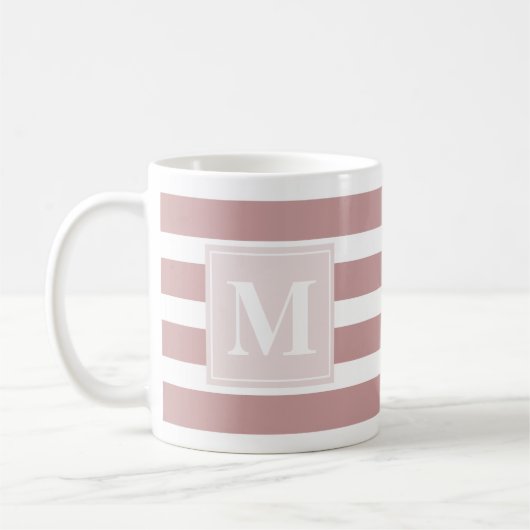 Mug Monogramme rayé rose et blanc moderne (Gauche)
