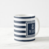 Mug Monogramme Rayure Bleu Marine Ancre De Bateau Naau (Devant droit)