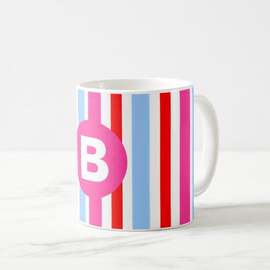 Mug Monogramme rayures bonbons rose et bleu vif (Devant droit)