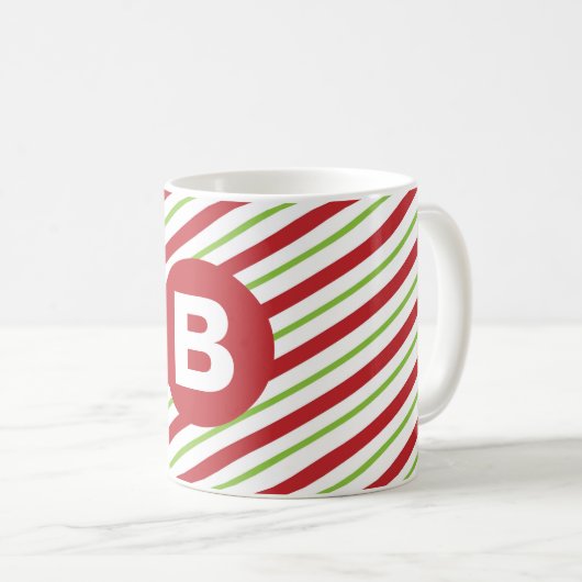 Mug Monogramme rayures diagonales rouges et vertes (Devant droit)