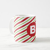 Mug Monogramme rayures diagonales rouges et vertes (Devant gauche)