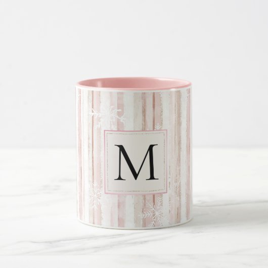 Mug Monogramme rayures flocons de neige blanc rose (Centre)