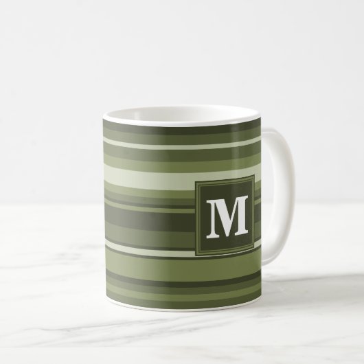Mug Monogramme rayures vert olive (Devant droit)