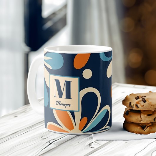 Mug Monogramme rétro cadeau de marguerite turquoise du