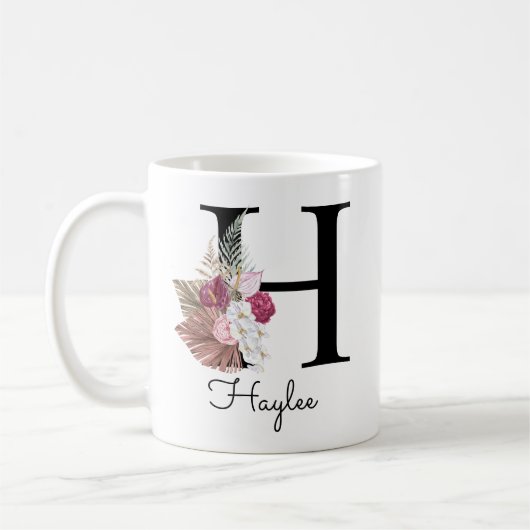 Mug Monogramme Rose Bohème Féminin Floral Initiale H (Gauche)