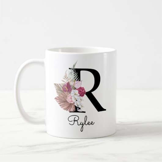 Mug Monogramme Rose Bohème Féminin Floral Initiale R (Gauche)