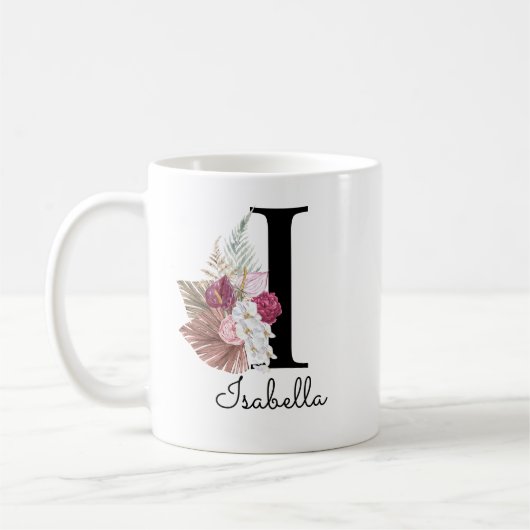 Mug Monogramme Rose Boho Féminin Floral Initial I (Gauche)