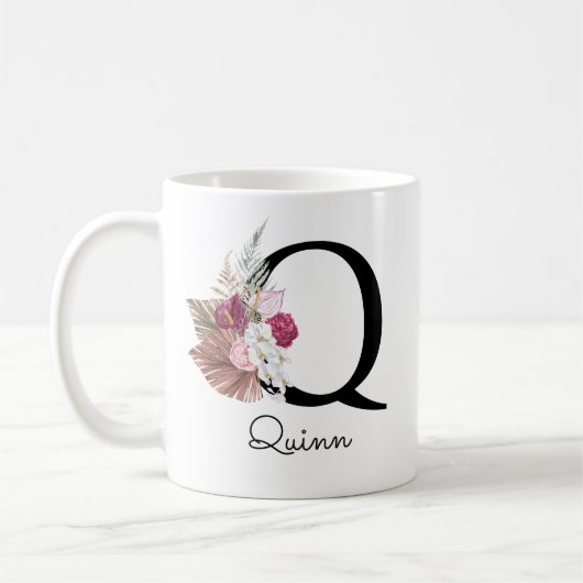 Mug Monogramme Rose Boho Féminin Floral Initial Q (Gauche)