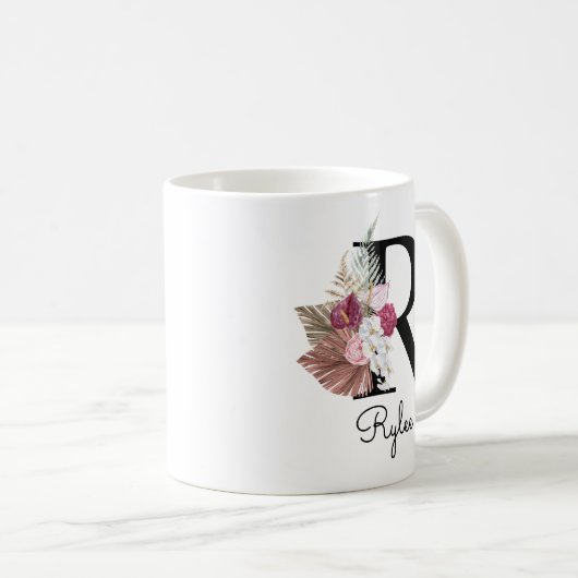 Mug Monogramme Rose Boho Féminin Floral Initial R (Devant droit)