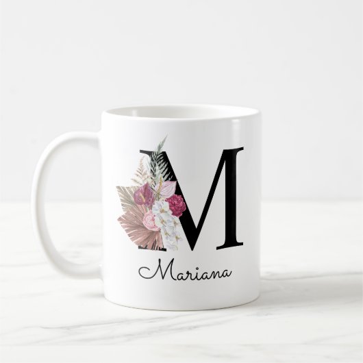Mug Monogramme Rose Boho Féminin Floral Initiale M (Gauche)
