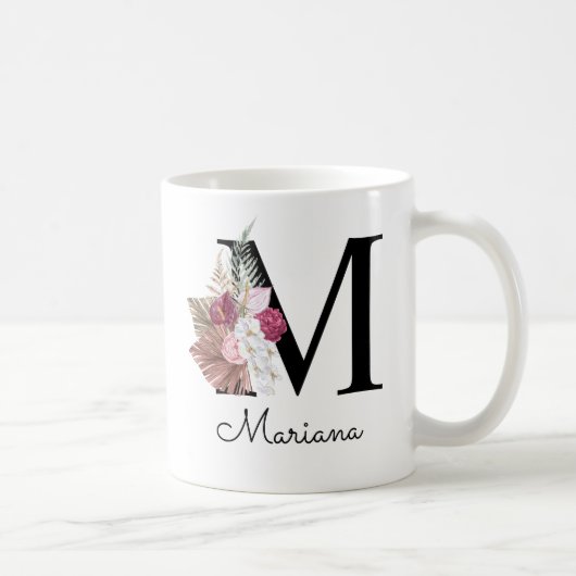 Mug Monogramme Rose Boho Féminin Floral Initiale M (Droite)