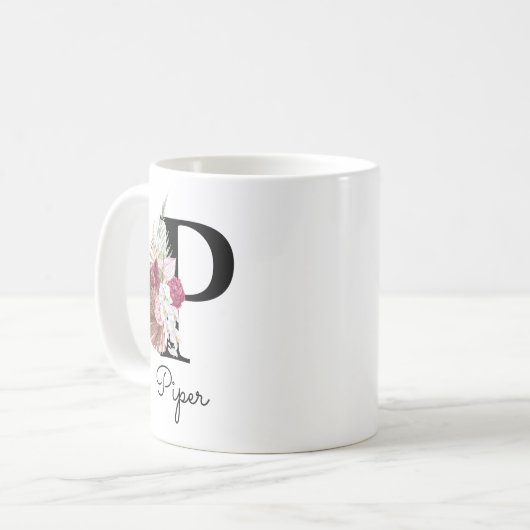 Mug Monogramme Rose Boho Féminin Floral Initiale P (Devant gauche)