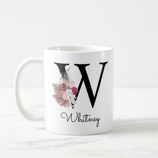 Mug Monogramme rose boho girly floral initial W Café M (Gauche)