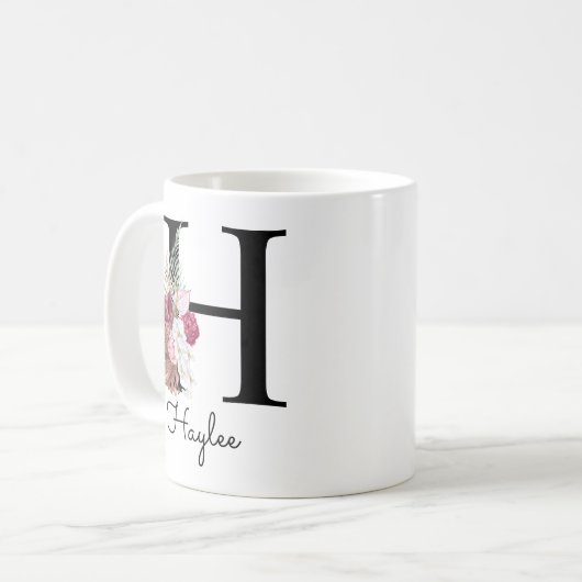 Mug Monogramme rose Boho girly floral initiale H (Devant gauche)