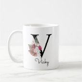 Mug Monogramme rose Boho girly floral initiale V (Gauche)