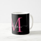 Mug Monogramme rose chaud noir fille Élégant Script (Devant droit)