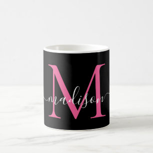 Mug Monogramme rose chaud noir fille Élégant Script