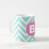 Mug Monogramme rose chevron bleu clair tendance (Devant gauche)