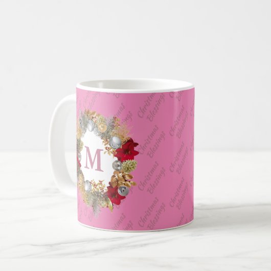 Mug Monogramme rose de couronne de Noël (Devant gauche)