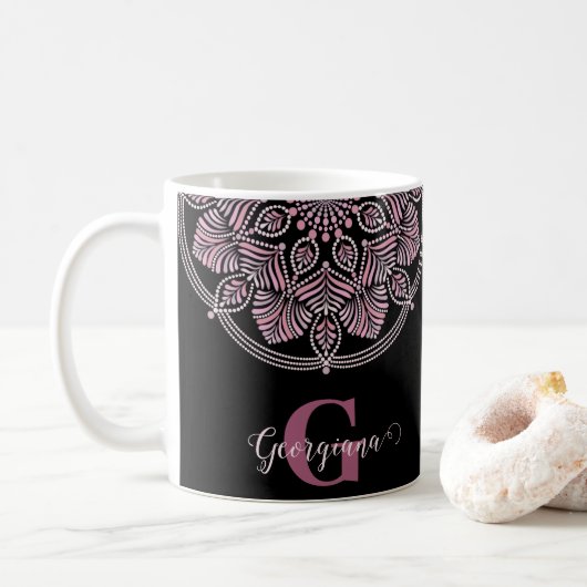 Mug Monogramme Rose Dusky Fronds Floral Dot Mandala (Avec donut)