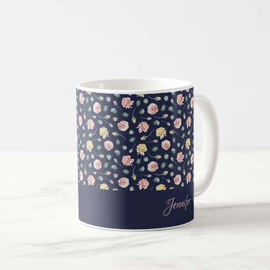 Mug Monogramme | Rose éparpillé Blue Floral Custom (Devant droit)