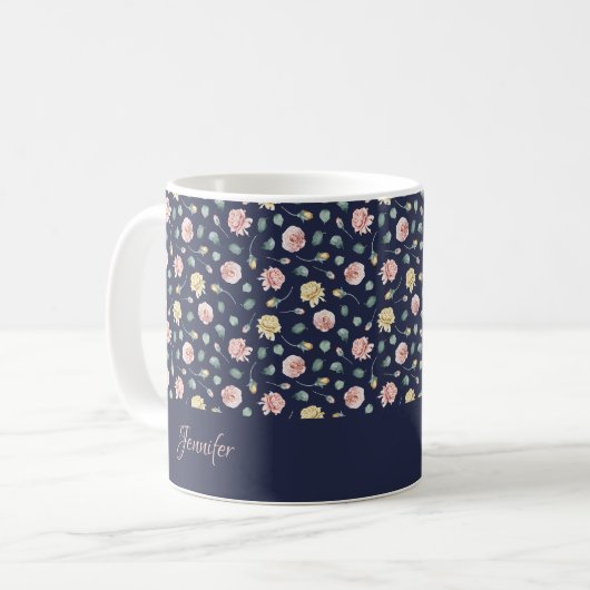 Mug Monogramme | Rose éparpillé Blue Floral Custom (Devant gauche)